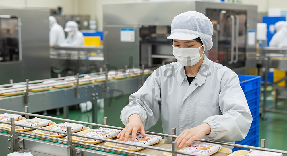 フリー素材 無料 写真｜食品工場でパック製品をトレーに並べる日本人女性作業員 写真背景