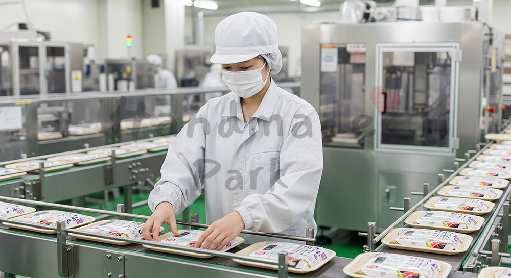 フリー素材 無料 写真｜食品工場でパック製品をトレーに並べる日本人女性作業員 背景素材