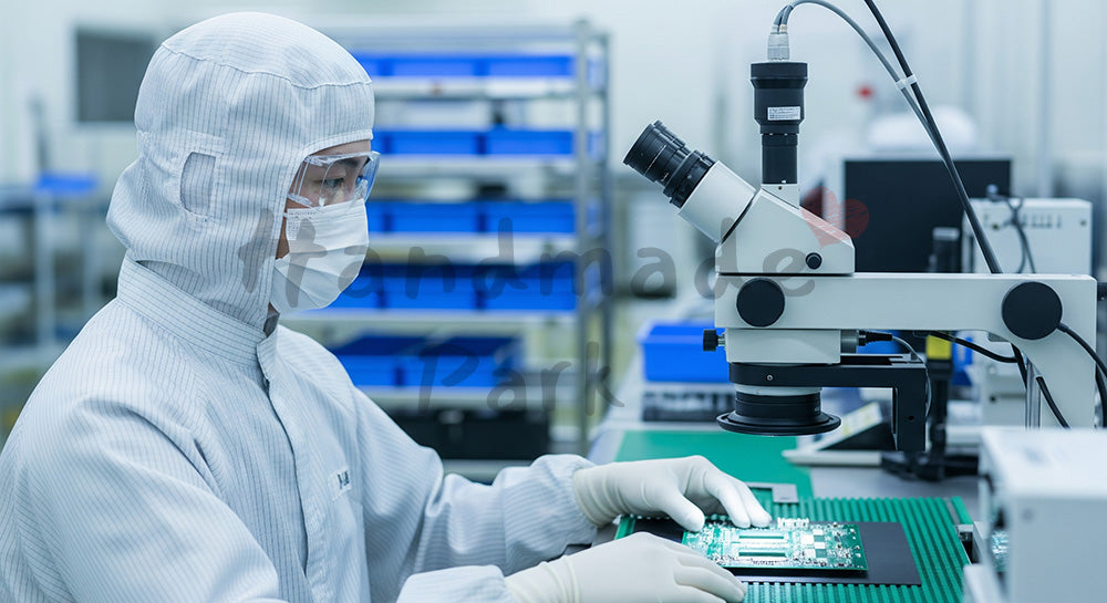 フリー素材 無料 写真｜クリーンルームで電子基板を検査装置にセットする日本人作業員（表現1）