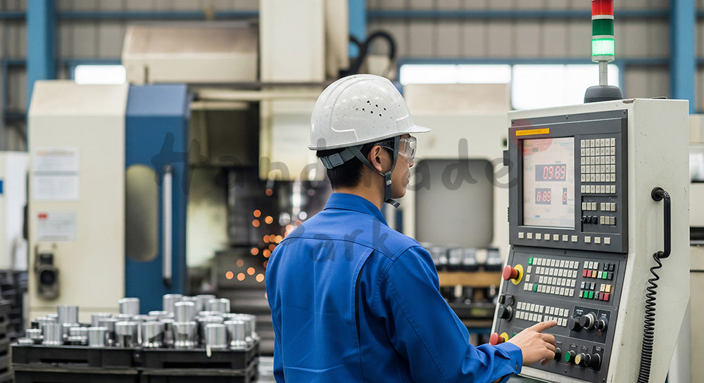 フリー素材 無料 写真｜CNC工作機械の操作パネルを確認する日本人金属加工オペレーター 写真背景