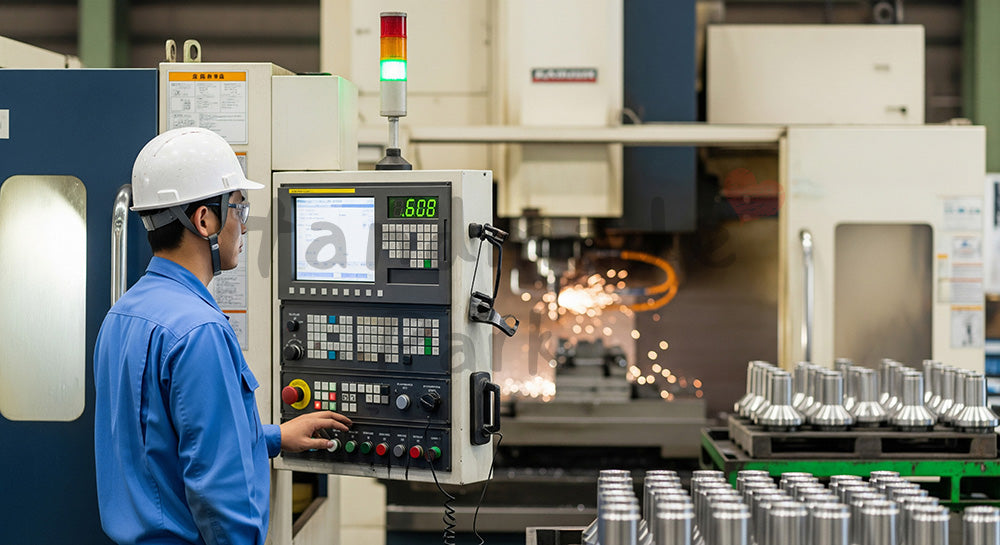 フリー素材 無料 写真｜CNC工作機械の操作パネルを確認する日本人金属加工オペレーター 背景素材