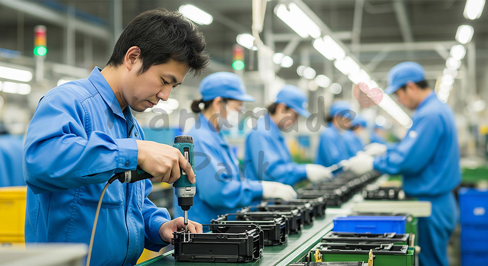 フリー素材 無料 写真｜組立ラインで電動ドライバーを使ってユニットを組み立てる日本人作業員 余白あり