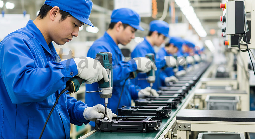 フリー素材 無料 写真｜組立ラインで電動ドライバーを使ってユニットを組み立てる日本人作業員 背景素材