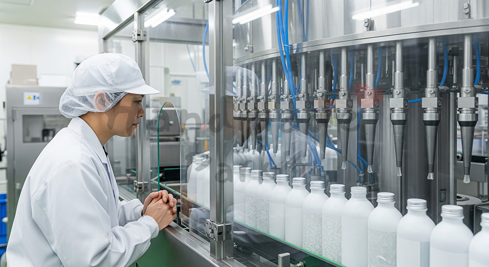 フリー素材 無料 写真｜ボトル充填ラインをガラス越しにチェックする日本人作業員 余白あり