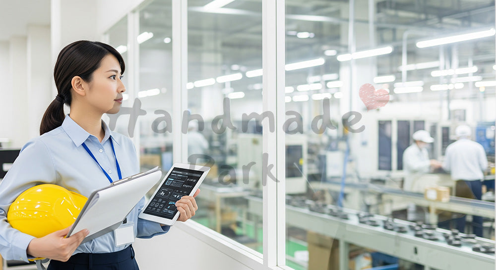 フリー素材 無料 写真｜工場ラインをガラス越しにチェックする日本人女性エンジニア 余白あり