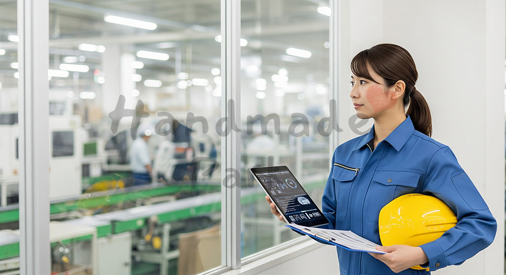 フリー素材 無料 写真｜工場ラインをガラス越しにチェックする日本人女性エンジニア 背景素材