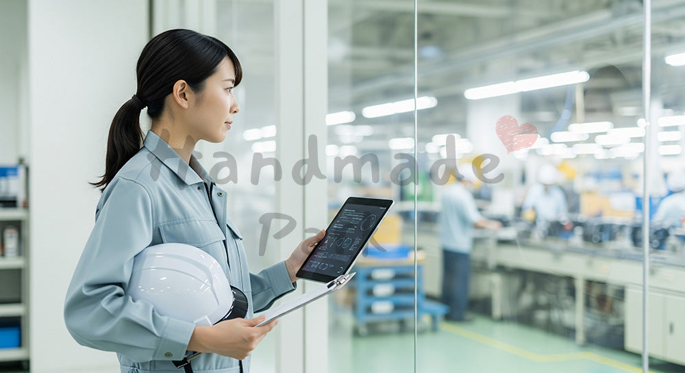 フリー素材 無料 写真｜工場ラインをガラス越しにチェックする日本人女性エンジニア