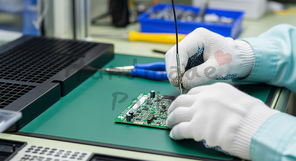 フリー素材 無料 写真｜プリント基板に電子部品を組み付ける日本人作業員の手元クローズアップ 写真背景