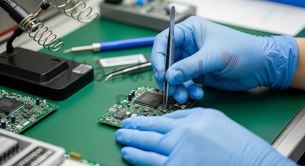 フリー素材 無料 写真｜プリント基板に電子部品を組み付ける日本人作業員の手元クローズアップ 背景素材
