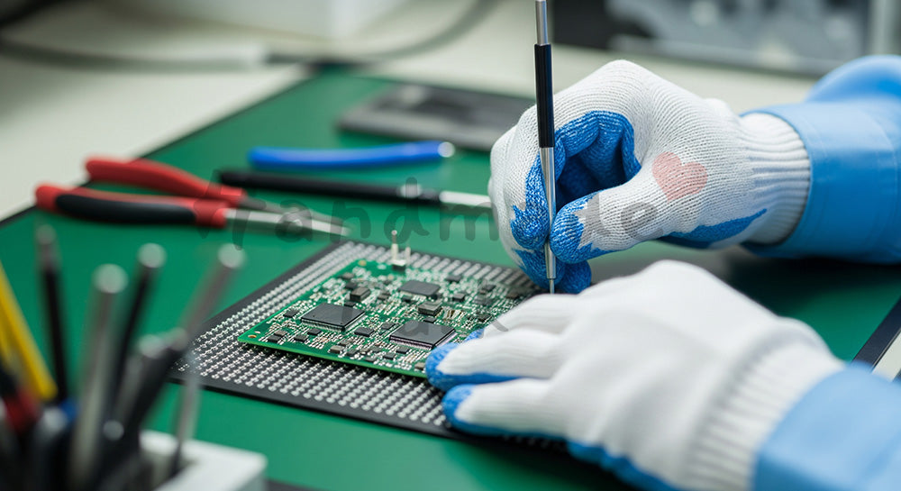 フリー素材 無料 写真｜プリント基板に電子部品を組み付ける日本人作業員の手元クローズアップ