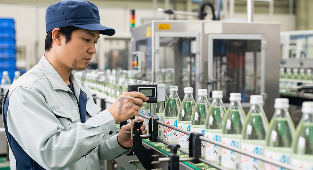 フリー素材 無料 写真｜飲料ボトルのキャップ締めトルクをチェックする日本人作業員
