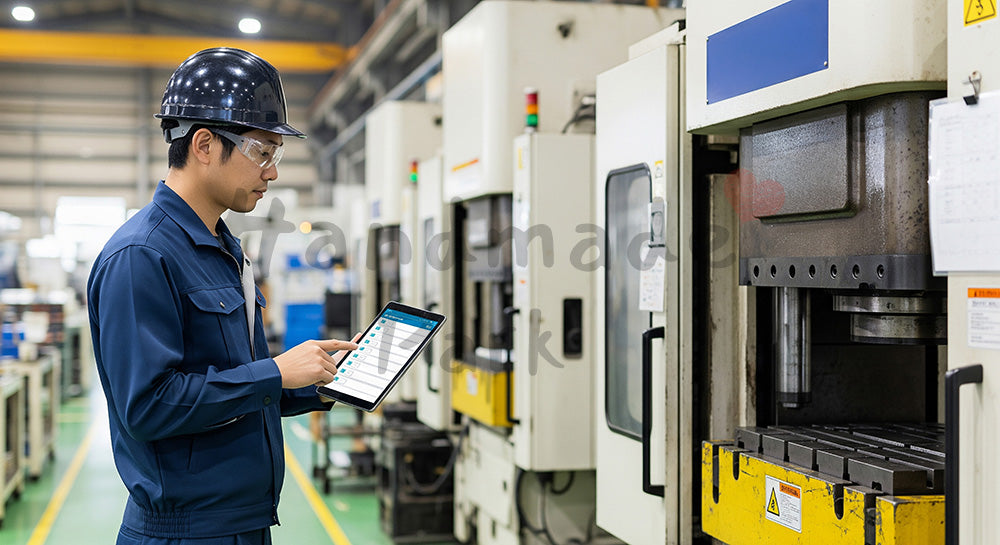フリー素材 無料 写真｜プレス機の外観を安全通路から点検する日本人作業員 余白あり