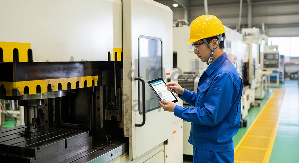 フリー素材 無料 写真｜プレス機の外観を安全通路から点検する日本人作業員 背景素材