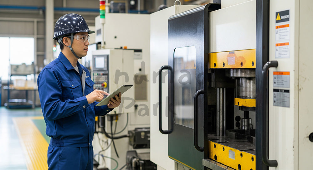 フリー素材 無料 写真｜プレス機の外観を安全通路から点検する日本人作業員