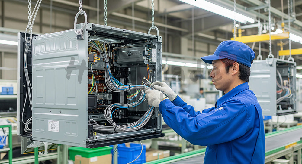 フリー素材 無料 写真｜家電筐体内部に配線作業を行う日本人組立作業員 写真背景