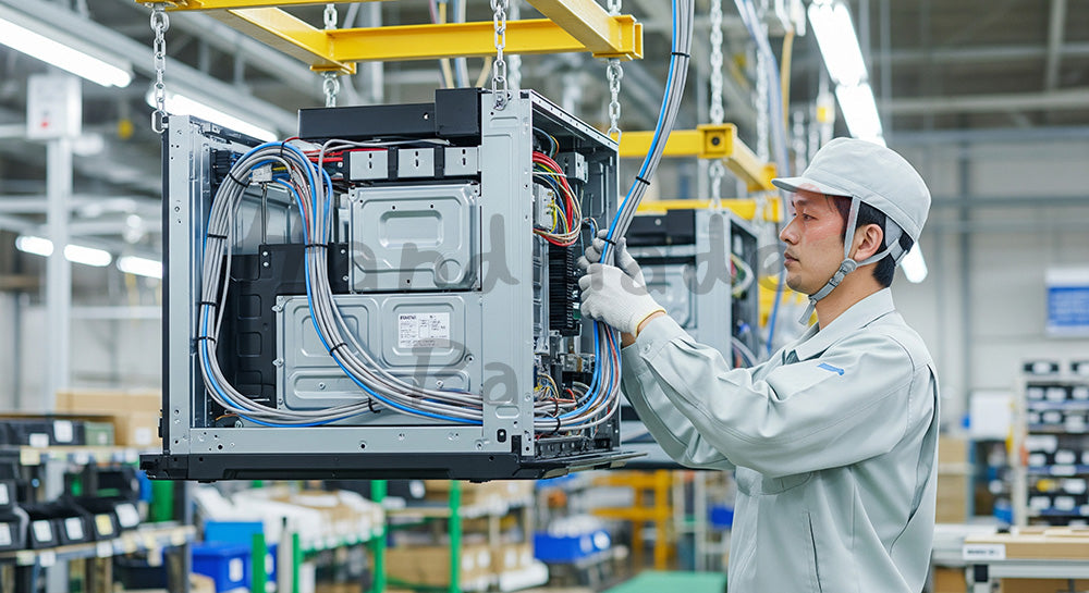 フリー素材 無料 写真｜家電筐体内部に配線作業を行う日本人組立作業員 背景素材
