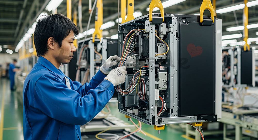 フリー素材 無料 写真｜家電筐体内部に配線作業を行う日本人組立作業員