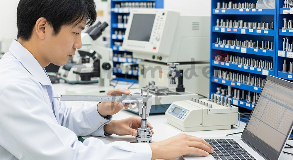 フリー素材 無料 写真｜品質検査室でサンプル製品をノギス測定しPCに記録する日本人検査員 写真背景