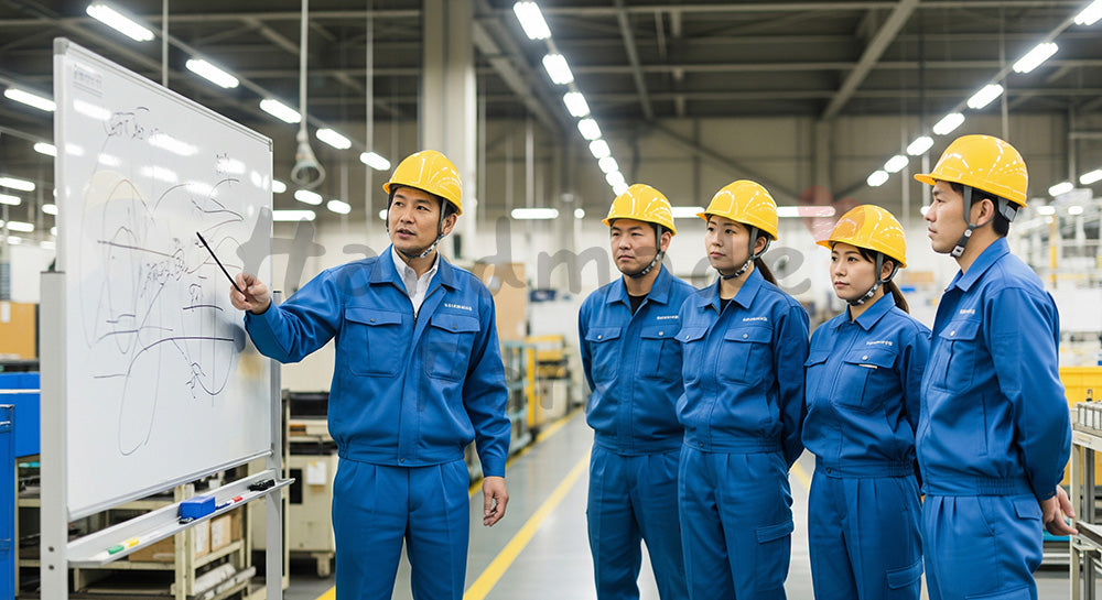 フリー素材 無料 写真｜ホワイトボードの前で生産計画と安全目標を共有する日本人班長と作業員 余白あり