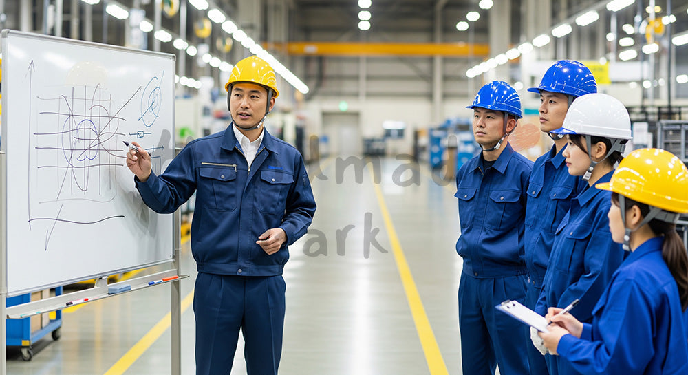 フリー素材 無料 写真｜ホワイトボードの前で生産計画と安全目標を共有する日本人班長と作業員 写真背景