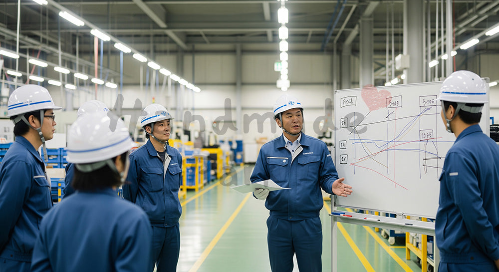 フリー素材 無料 写真｜ホワイトボードの前で生産計画と安全目標を共有する日本人班長と作業員 背景素材