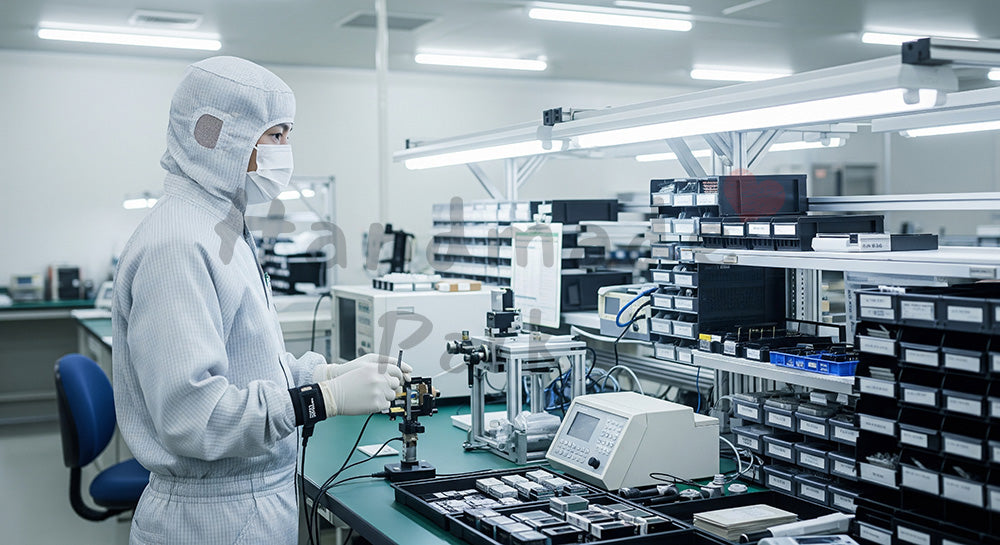 フリー素材 無料 写真｜静電気対策リストバンドを装着して作業台に立つ日本人クリーンルーム作業員 写真背景