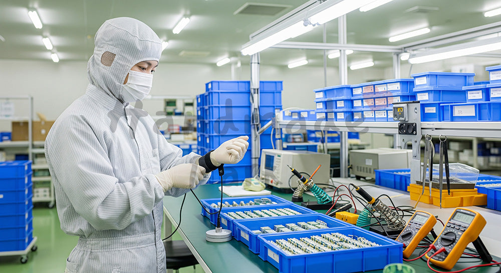 フリー素材 無料 写真｜静電気対策リストバンドを装着して作業台に立つ日本人クリーンルーム作業員 背景素材