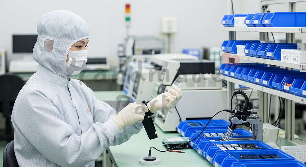 フリー素材 無料 写真｜静電気対策リストバンドを装着して作業台に立つ日本人クリーンルーム作業員