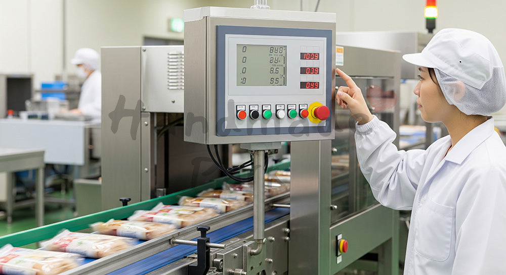 フリー素材 無料 写真｜金属探知機を通過する製品を監視する日本人食品工場作業員 余白あり