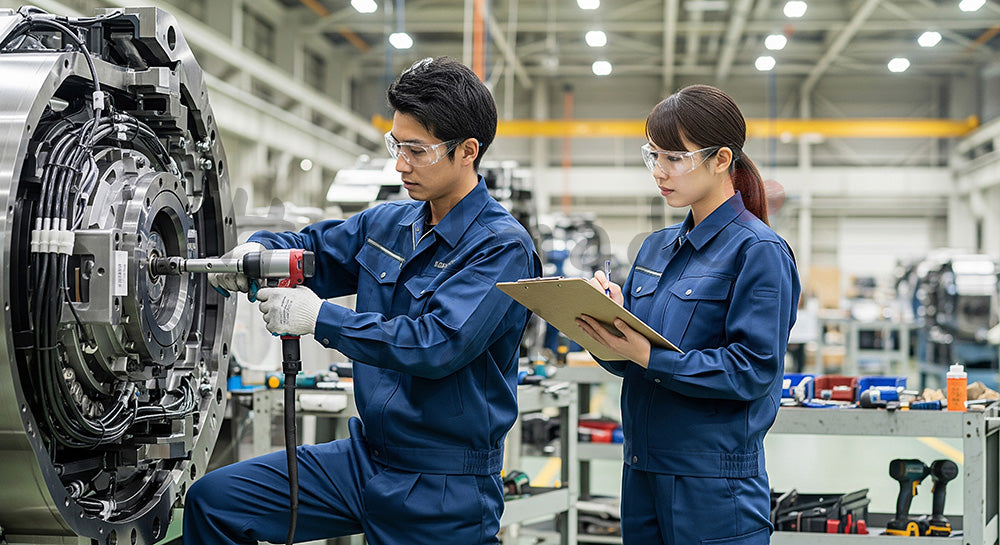 フリー素材 無料 写真｜トルクレンチでボルトを締め付ける作業員とチェックシートを確認する検査員 背景素材