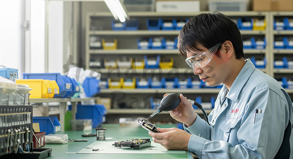 フリー素材 無料 写真｜エアブローで埃を飛ばしながら製品の最終外観チェックを行う日本人作業員