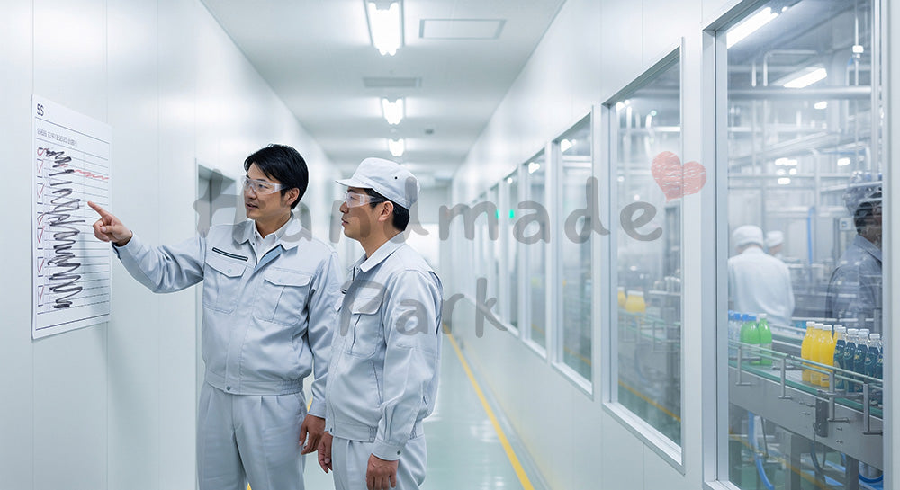 フリー素材 無料 写真|クリーン通路で5Sチェック表を確認する日本人現場リーダーと作業員 余白あり