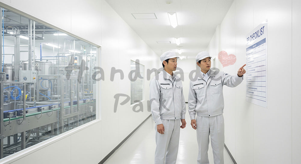 フリー素材 無料 写真｜クリーン通路で5Sチェック表を確認する日本人現場リーダーと作業員