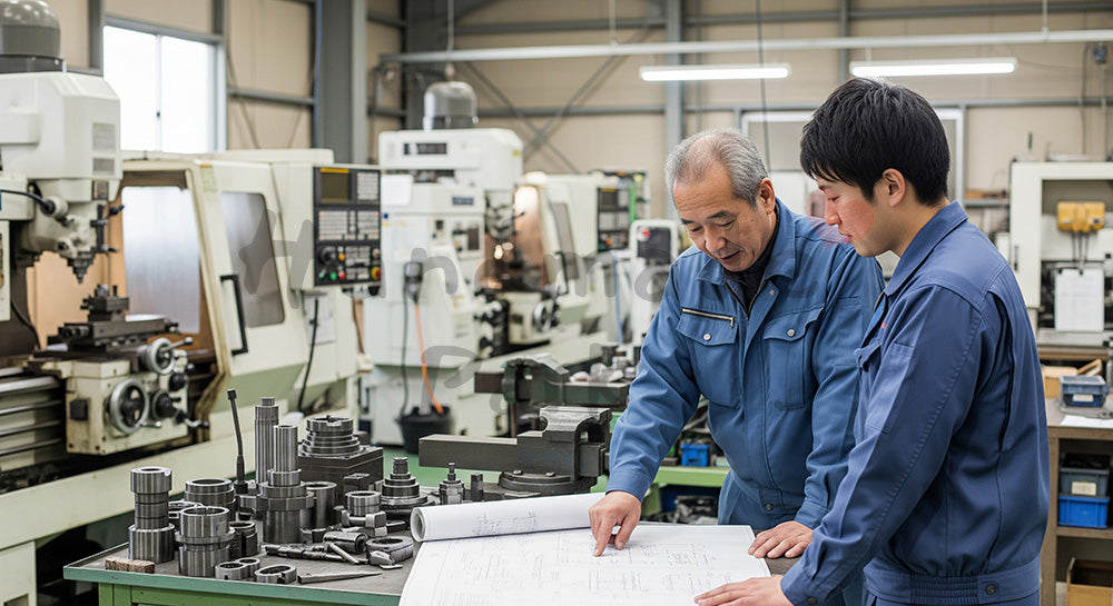 フリー素材 無料 写真｜町工場の機械前で図面を見ながら相談する日本人ベテラン作業員と若手 余白あり