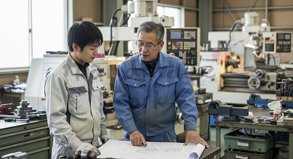 フリー素材 無料 写真｜町工場の機械前で図面を見ながら相談する日本人ベテラン作業員と若手 写真背景