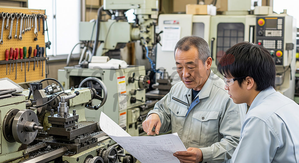フリー素材 無料 写真｜町工場の機械前で図面を見ながら相談する日本人ベテラン作業員と若手 背景素材