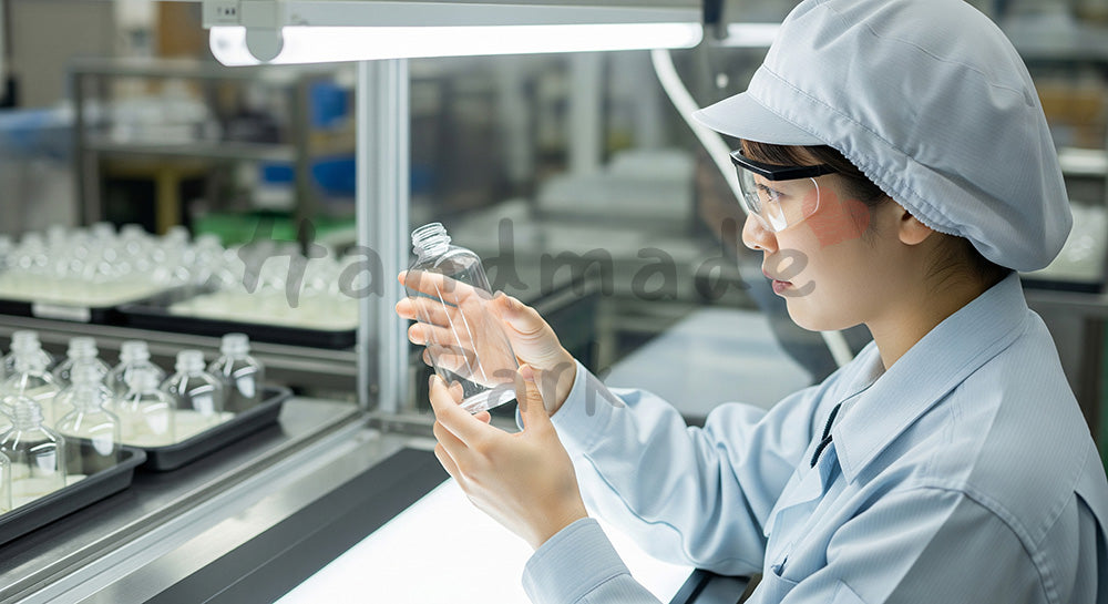 フリー素材 無料 写真｜照明付き検査台で透明容器の外観チェックをする日本人女性作業員 余白あり