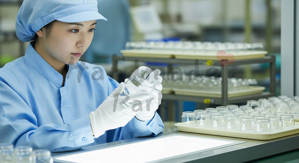 フリー素材 無料 写真｜照明付き検査台で透明容器の外観チェックをする日本人女性作業員 写真背景