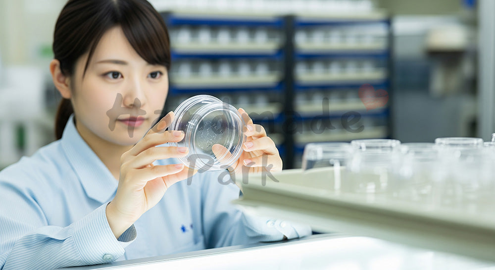 フリー素材 無料 写真｜照明付き検査台で透明容器の外観チェックをする日本人女性作業員