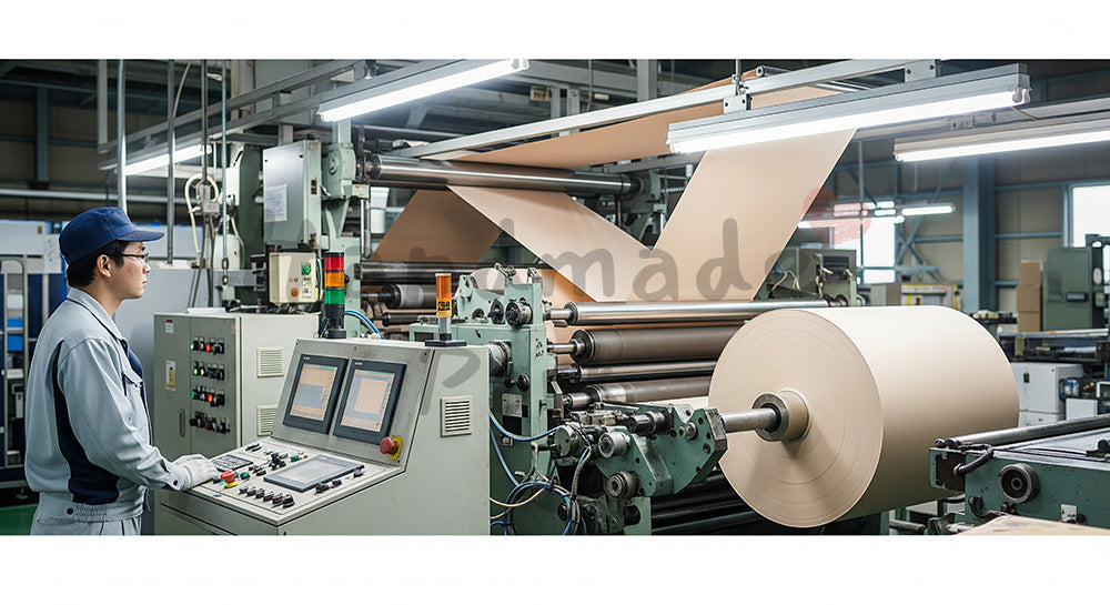 フリー素材 無料 写真｜ロール紙スリット機を監視する日本人紙製品工場作業員 写真背景