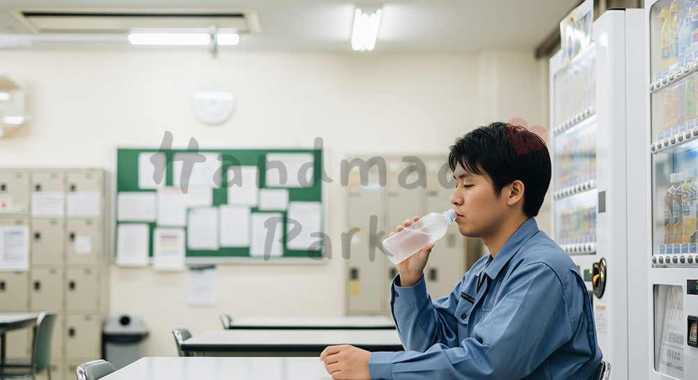 フリー素材 無料 写真｜工場の休憩スペースでペットボトル飲料を飲みながら一息つく日本人作業員 写真背景
