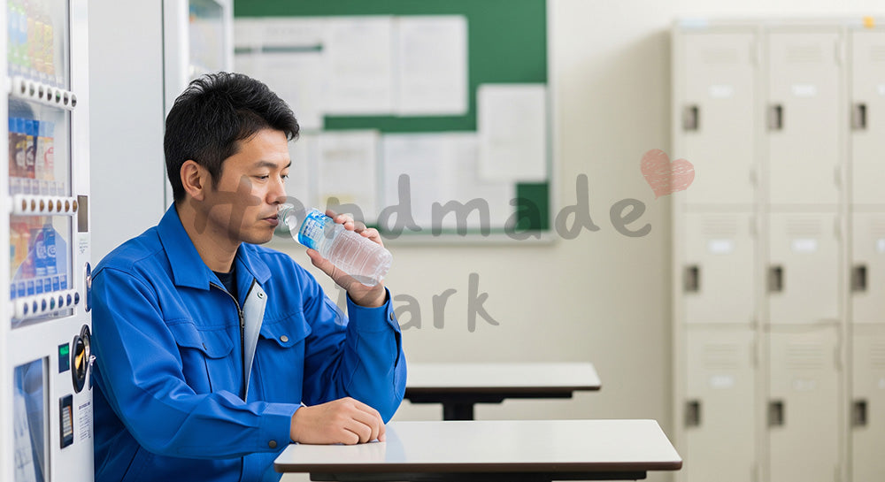 フリー素材 無料 写真｜工場の休憩スペースでペットボトル飲料を飲みながら一息つく日本人作業員 背景素材