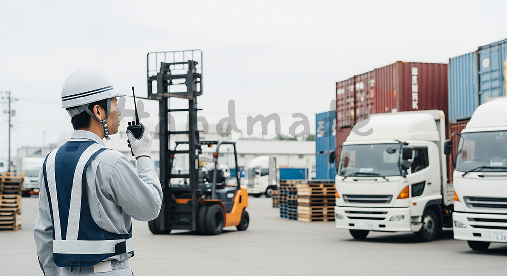 フリー素材 無料 写真｜屋外ヤードで無線機を使いながら車両の動きを確認する日本人工場作業員