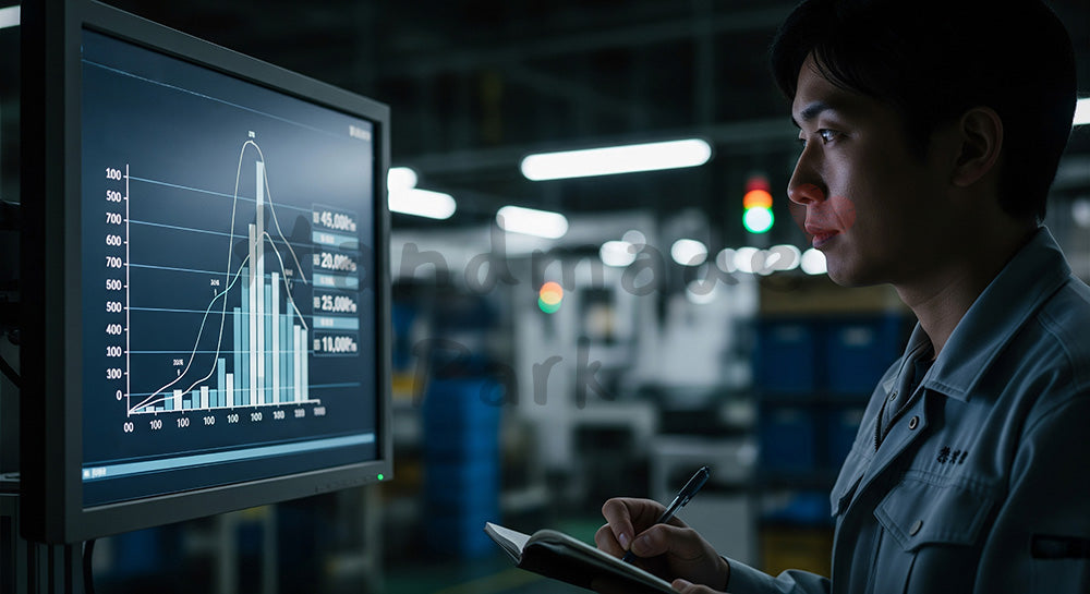 フリー素材 無料 写真｜夜勤帯にライン稼働状況のグラフをモニターで確認しノートに記録する日本人作業員 写真背景