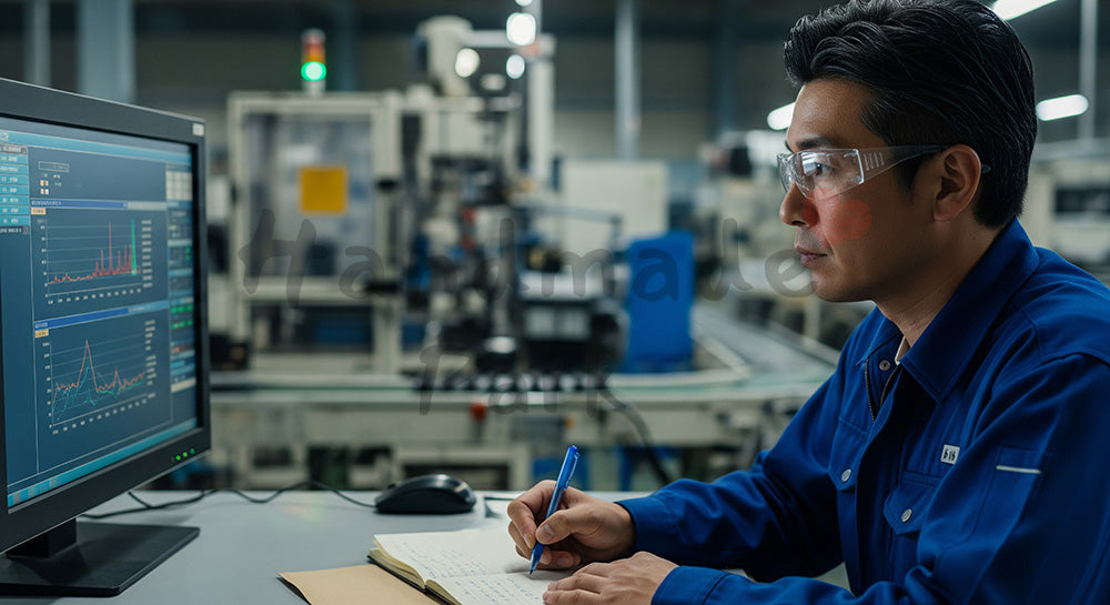 フリー素材 無料 写真｜夜勤帯にライン稼働状況のグラフをモニターで確認しノートに記録する日本人作業員