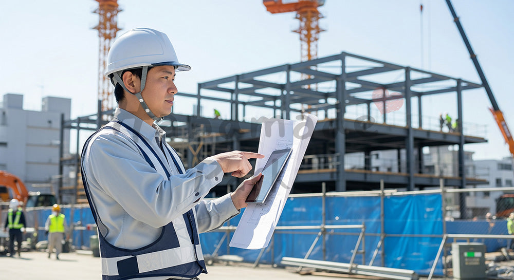 フリー素材 無料 写真｜住宅基礎の配筋ピッチをスケールで測定する日本人作業員（表現3）