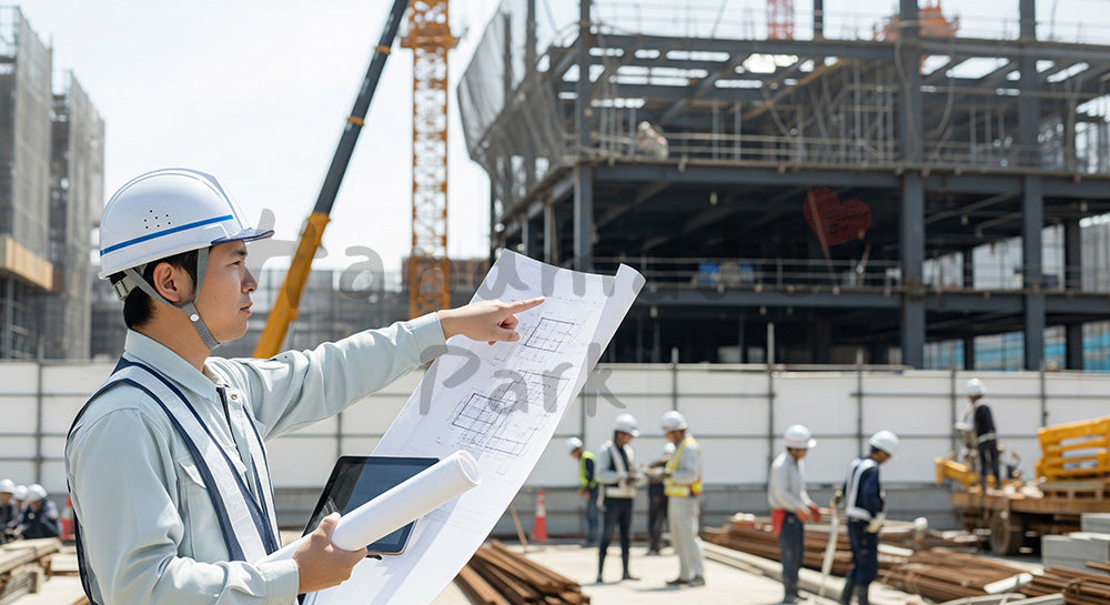 フリー素材 無料 写真｜住宅基礎の配筋ピッチをスケールで測定する日本人作業員（表現2）