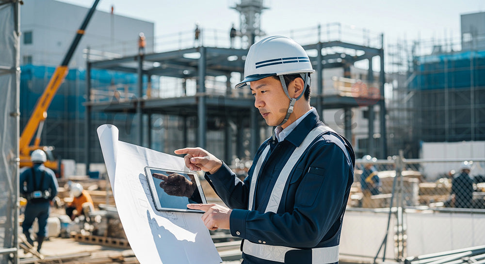 フリー素材 無料 写真｜住宅基礎の配筋ピッチをスケールで測定する日本人作業員 コピースペースあり