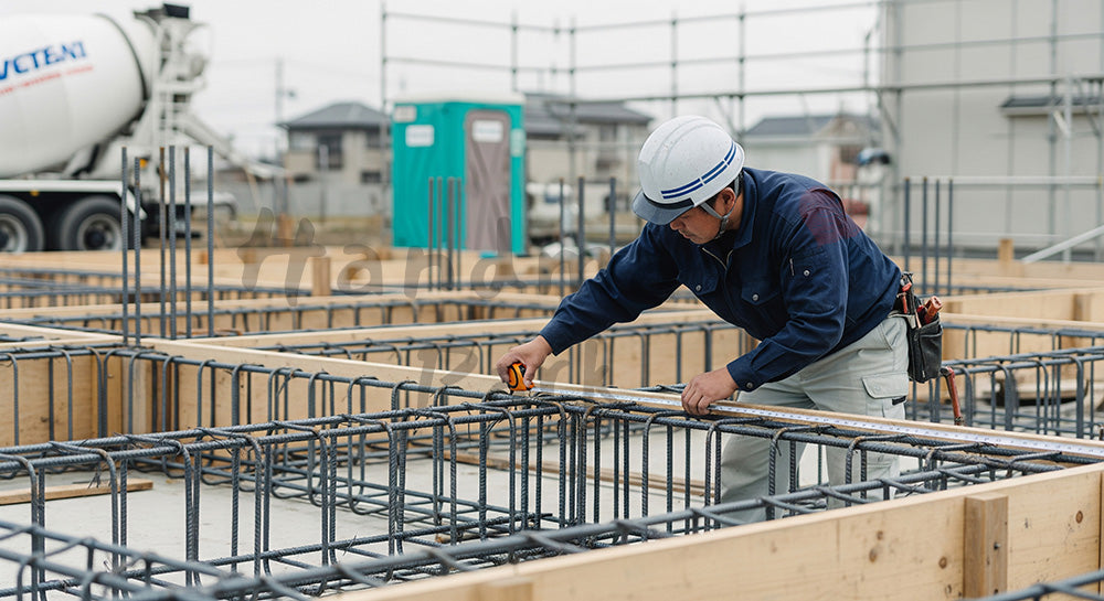 フリー素材 無料 写真｜住宅基礎の配筋ピッチをスケールで測定する日本人作業員 写真バックグラウンド 背景素材