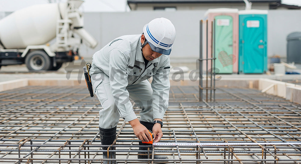 フリー素材 無料 写真｜住宅基礎の配筋ピッチをスケールで測定する日本人作業員 背景素材